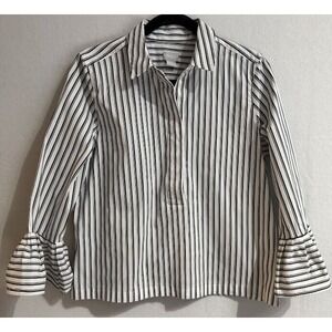 Chicos Blouse Women  Size 2 White Stiped  Long Sleeve Bell V Neck Buttons Casual